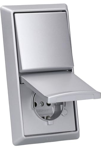 Busch-Jaeger Allwetter 44 Steckdosen- & Wechselschalter-Set Alusilber | 20 EUGK-33-101 SCHUKO Steckdose, 2000/6 US Wechselschalter, 2106-33 Wippe und 2102-33 Rahmen 2-fach, UP