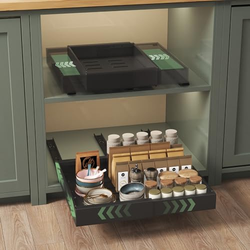 NETEL Pack de 2 cajones extraibles telescópicos para cocina，bandeja extraible armario cocina，Ancho ajustable 32-52 cm, Fondo 42 cm，sin perforaciones,Fijación Autoadhesiva o con Tornillos，Negro