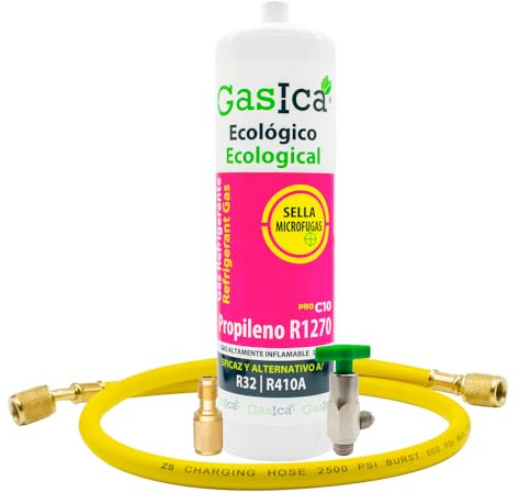 Ralertreik Gas refrigerante gasica C10 Compatible con R32 R410A válvula incluida (Botella + Manguera + Adaptador)