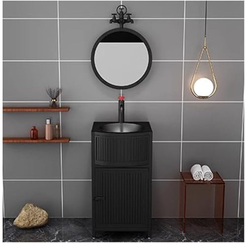 ZTGL Moderner Luxus Waschbecken, Waschtisch Badezimmerschrank, Eisen Kunst, Industrial Style bodenstehend Waschbecken Standwaschbecken Wasserhahn Und Abflussgarnitur,Schwarz,with Mirror
