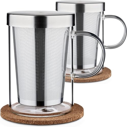 Cosumy Teetasse mit Deckel und Sieb - Teeglas mit Sieb & Untersetzer 400ml - Teebecher Groß aus Borosilikat Glas - Feinmaschiger Filter (2)
