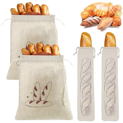 4 Pezzi Sacchetto Pane Salvafreschezza, Borsa per il Pane in Lino Riutilizzabili Sacchetti per Pane in Lino 31x38cm/64x16cm Sacchetto Pane con Coulisse per la Conservazione di Pane Frutta Verdura