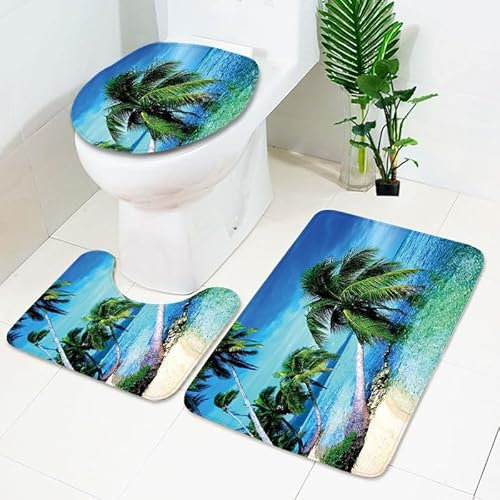 Badezimmerteppich Dunkelgrüner Baum WC Vorleger mit Ausschnitt WC Deckelbezug 3 Teiliges WC Teppich rutschfeste Badgarnitur U förmiger Badematte Waschbar Bad Teppiche Set 45x75 cm