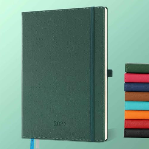 IN-LUXPRO Kalender 2026: A4 Buchkalender 29x21,7cm Terminplaner 1 Woche 2 Seiten 2026 Wochenplaner Notizbuch,12-Monate(Jan.- Dez.) mit 100GSM Papier & Stiftschlaufe PU-Leder Grün