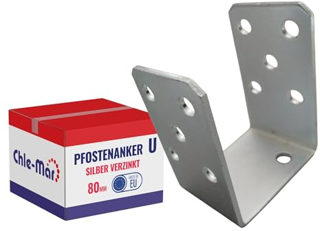 Chle-Mar Pfostenträger mit U-Bügel 80 mm aus verzinktem Stahl | Pfostenhalter für Holzpfosten & Zaunbau, Fester Balkenschuh, Pfostenanker für Zaun- & Holzbau, Pfostenschuh zum Aufschrauben