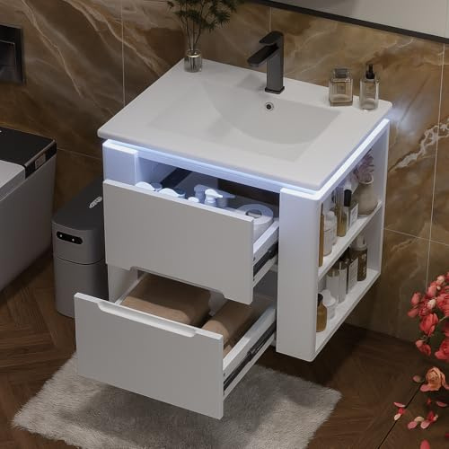 Merax Mobile da bagno sospeso 60 cm con illuminazione LED sensore radar, 2 cassetti soft-close, lavabo integrato in ceramica, bianco (Bianco, 61x46x48.5cm)