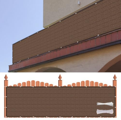 Balkonumrandung Sichtschutz 160 x 400 cm HDPE Gewebe, Windschutz, Sonnenschutz, Atmungsaktiv, Blickdichte Balkonumspannung mit Kabelbinder Und Kordel für Balkon, Terrasse, Garten, Braun