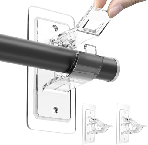 BelleVive 2 Pack Curtain Pole Brackets No Drilling, Transparent Self-Adhesive Curtain Rod Holders, No Holes, Multi-Purpose Curtain Rod Hooks No Nails for Bathroom, Style 1