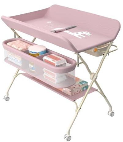 homewell Cambiador de bebé plegable, cambiador portátil, con ruedas, altura ajustable en 5 niveles, con cinturón de seguridad, compartimentos y lavabo, color rosa