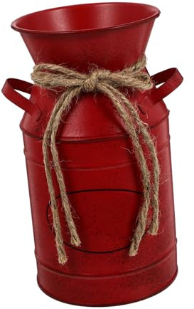 TOBBOMEY Cubo De Hierro Decorativo Estilo Europeo, Grande, De Color Rojo Envejecido, Doble Asa, Resistente Intemperie, para Arreglos con Flores Secas y Decoración del Hogar