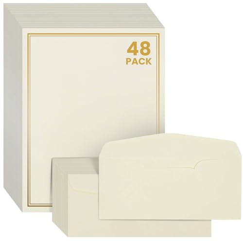 Premium Letter Writing Stationery Set with Envelopes – 48 Sheets of Ecru Paper with Gold Border & Writing Lines – 8.5x11 Inch Writing Paper and 24 Matching Envelopes for Elegant Correspondence -Gold