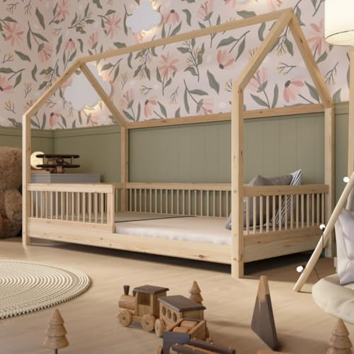 Crazy Pine Hussäng 90x200 cm – Montessori-säng i naturträ med fallskydd, höjdjusterbara ben och avtagbar barriär – Crazy Polly