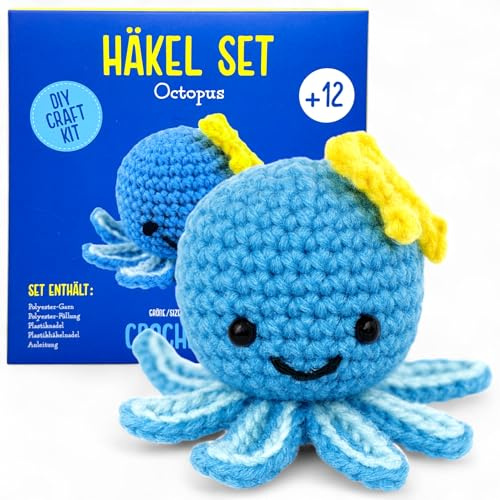 MIJOMA Juego de ganchillo de animales para principiantes y avanzados, kit de ganchillo amigurumi con instrucciones, lana, agujas y accesorios, paquete de ganchillo para niños y adultos (pulpo (8,5 x