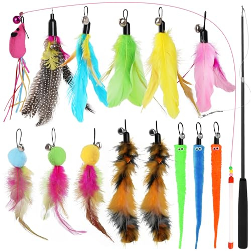 WD&CD Giocattoli per Gatti 16 Pezzi, Giocattoli Interattivi per Gatti con Aste Scalabili, Ciondolo a Forma di Peluche, Accessori per Campanelli di Piume, set di Giocattoli per Gatti
