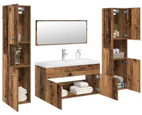 Owoxanthellate 5-TLG Badmöbel Set Altholz 90x38x46 cm Waschtisch mit Aufsatzwaschbecken Unterschrank Badezimmerschrank Spiegel stilvolle Komplettlösung für kleine und große Badezimmer