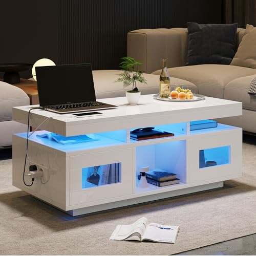 Coolfish High Gloss Coffee Table w/LED Lights, USB Ports Sockets, Centre Table w/ 2 Doors, Sofa Side Table, Space-saving End Table, Tea Table, Particleboard 100 x 50 x 43 cm White