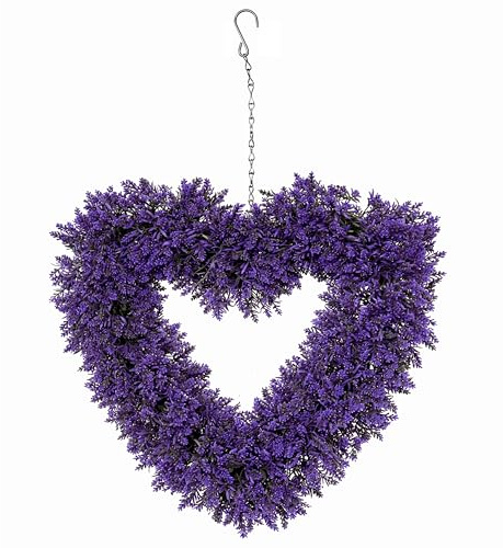 ADEPTNA Artificial Lavender Heart Wreath Hanging Outdoor Garden Decoration UV Protected Faux Floral Foliage Heart with Metal Chain Hook Large 48cm Wall Fence Door Patio Balcony Ornament