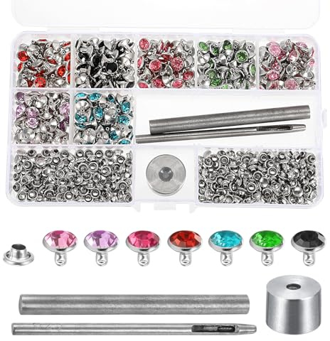 sourcing map 275 Sets 8mm/0.31 Mixed Colors Rhinestone Leathercraft Crystal Double Cap Rivets Studs with Tools for DIY Leather Craft Clothes Bag Belt