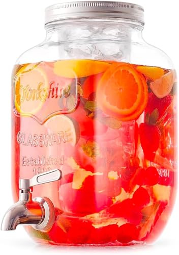 Dispenser in Vetro per Bevande 4L con Rubinetto Cromato, Lavabile in Lavastoviglie, Ideale per Campeggio o Aperitivi, Ideale Per Bar, Cucina, Pub, Ristorante, Contenitore Distributore Acqua