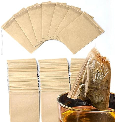 DUSKWINK Bustine di tè vuote per tè sfuso, 100 sacchetti filtranti in polpa di legno naturale, con coulisse in cotone, 7 x 9 cm, bustine di tè vuote senza plastica per tè, caffè, erbe aromatiche e