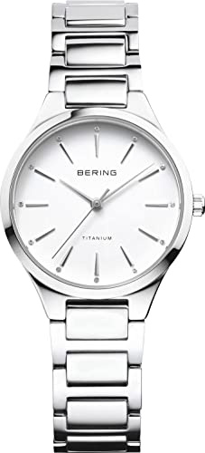 BERING Damen Quarz Uhr | Armbanduhr 30 mm silbernes Titangehäuse und weißes Zifferblatt | Titanband mit Titanelementen | 10 ATM | 15630-704