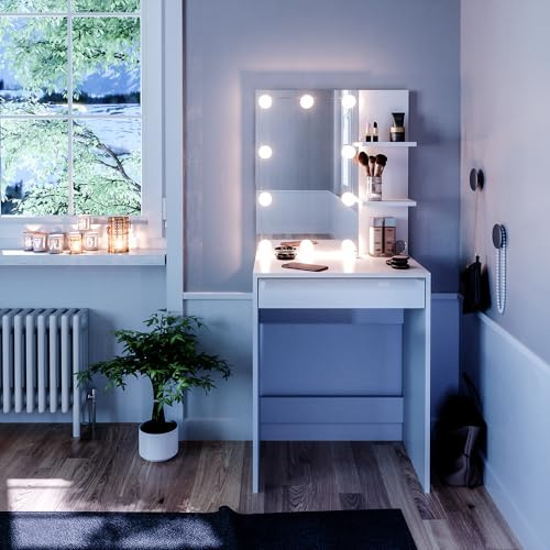 Vicco Tavolo da toeletta Isabelle, Bianco, 60 cm con illuminazione a LED, Salvaspazio e funzionale allo stesso tempo