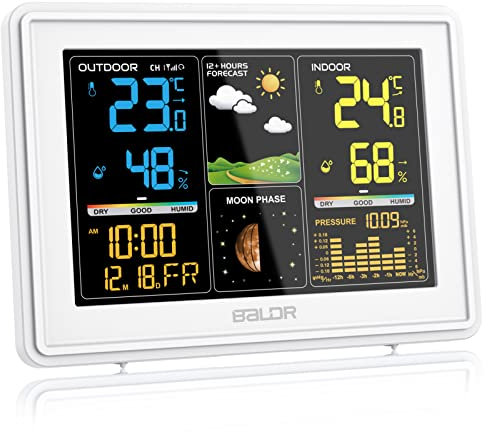 BALDR Stazione Meteo con Sensore Esterno, Display a Colori, Orologio Radiofonico DCF, Previsioni del Tempo, Barometro, Fasi Lunari, Termometro Interno ed Esterno, Igrometro