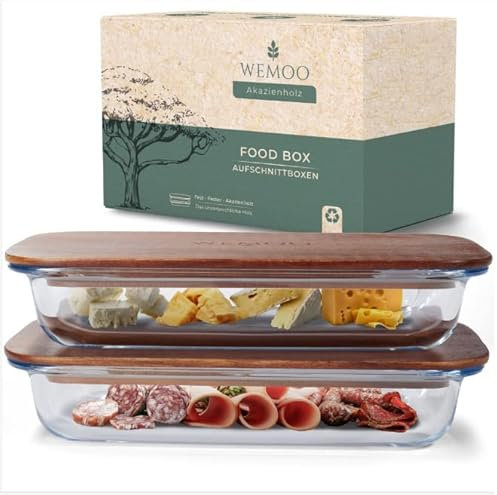 WEMOO Aufschnittboxen (2er Set) aus GLAS und AKAZIENHOLZ – stapelbar | Wurstbehälter für Kühlschrank | massives Holz – kein zerbrechliches Bambus | Servier- und Käseplatte | Wurstdose | Käsedose