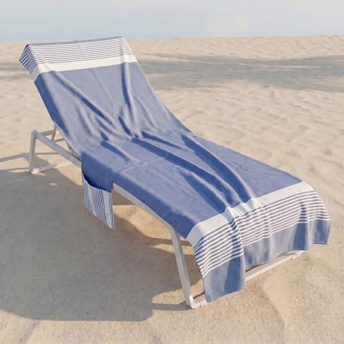 INTRECCI Telo Mare Lettino Blu in Cotone + Poliestere con Tasche ed Elastici, Ultra assorbente Lettino Spiaggia con Cuscino