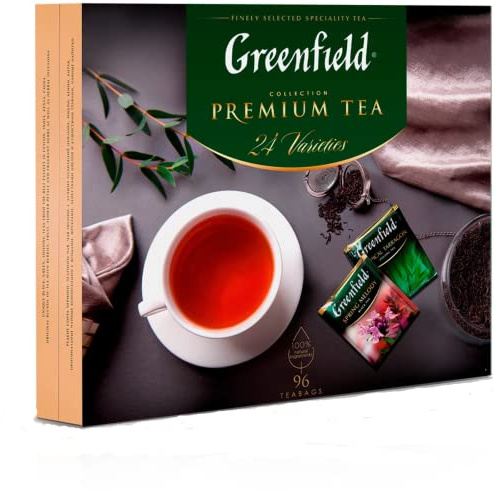 GREENFIELD Service à thé de qualité supérieure, 24 variétés, 96 sachets (sachets de thé), coffret cadeau, noir, vert, tisane, 167,2 g (96 tasses)