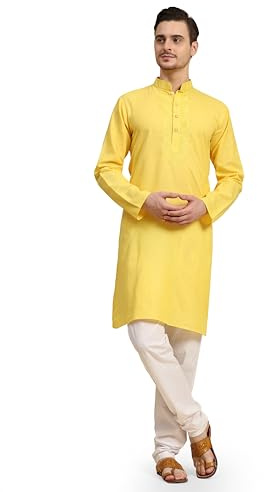 SKAVIJ Herren Indische Ethnischen Traditionell Kurta Pyjama Gelb L