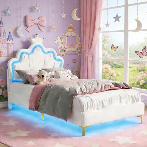 BursDany Lit Enfant Rembourré 90x200 cm avec LED pour Fille Adolescent- Tête de Lit Réglable en Hauteur, Sommier à Lattes, Design Couronne de Princesse en PU Blanc(sans Matelas)