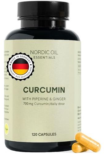 Capsules de curcuma | Hautement dosé avec 700 mg 100 % de curcumine en poudre de curcuma par dose quotidienne | 120 capsules de curcuma végétaliennes | Avec pipérine et gingembre | Nordic Oil