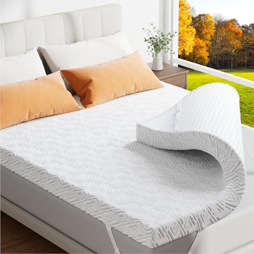 Memory Foam Mattress Topper - 3 Inch Gel Mattress Pad for Pressure Relief, Premium Soft Cooling Sleep Bed Topper, Non-Slip Design with Removable & Washable Cover (White, Queen)