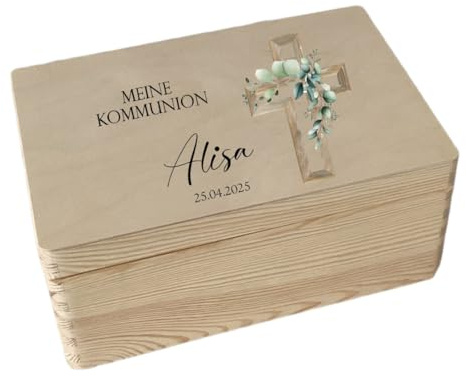 minimutz Holzkiste Geschenk Kommunion, Personalisiertes Kommunionsgeschenk Mädchen Junge, Erinnerungskiste aus Holz, Aufbewahrungsbox M (30x20x14 cm) (Kreuz)
