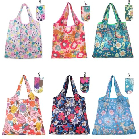 6 Pack Foldable Reusable Shopping Bags,Tote Bags, Grocery Bags with Hook, Eco-friendly Travel Recycle Shopping Bags in Pocket, Waterproof and Machine Washable for Daily Shopping Supplies load