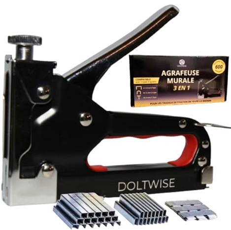 DOLTWISE Agrafeuse murale 3 en 1 avec 600 agrafes | Agrafeuse tapissier robuste pour bois, tissu, plastique et bricolage maison | Compatible agrafes D, U et T