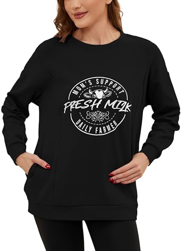 Love2Mi - Felpa da donna a maniche lunghe con chiusura invisibile, per l'allattamento, con tasca, casual, abbigliamento per la gravidanza, Nero , L
