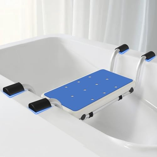 Badewannensitz Senioren mit schwarzen Griffen & Blauer Sitzfläche – Stabiles Badewannenbrett bis 120 kg, Verstellbar 71–81 cm, Aluminium