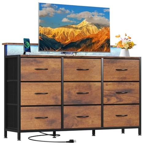 DUMOS TV Stand Dresser with 9 Fabric Drawers and Open Shelves, Entertainment Center with LED Lights, Charging Station for Bedroom, Wood Top Media Console for 45-55 inch TV Stand with Storage, Brown