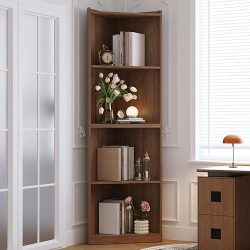 Merax Eckregal 55×32×180 cm, hohes Standregal aus MDF in Walnussoptik mit Kippschutz, platzsparendes Eck Bücherregal für Wohnzimmer Küche Arbeitszimmer Flur, dunkle Holzfarbe
