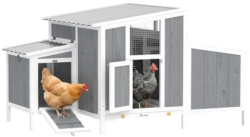 PawHut Hühnerstall Hühnerhaus aus Holz 145 x 90 x 92 cm Nistkasten Grau | Freilaufgehege mit Abschließbarer Tür, Wasserdichtem PET-Dach, Sitzstangen, Hühnergehege für 3-4 Hühner, für Garten