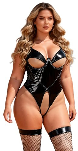 sunshinelady PU Leather Lingerie Women S-2XL Leather Dress Ladies with Cut-Out Chest Area Catsuit Wetlook Women's Body Open for Women Sexy Underwear Large Sizes Patent Leather Bodysuit Clubwear for