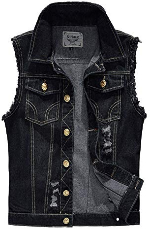 Mens Ripped Denim Vest, Cowboy Waistcoat, Sleeveless Jacket, Vintage Black 4XL