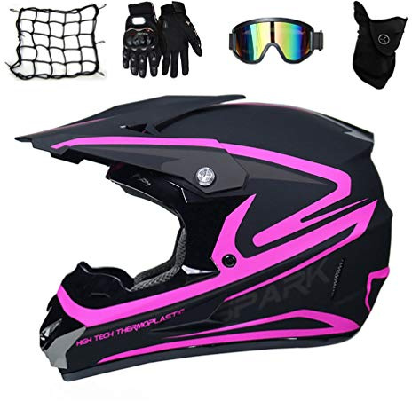 MRDEAR Motorcykelhjälm dam, motocrosshjälm barn crosshjälm med glasögon, handskar mask motorcykel nät fullface MTB-hjälm mopedhjälm-set för ATV Downhill Enduro säkerhetsskydd, svart och rosa, XL