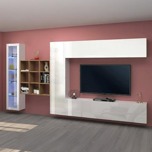 Dmora - Élément mural Emilio, meuble TV 4 portes, Meuble de salon polyvalent avec vitrine et lumière LED, 100% Made in Italy, 310x30h180 cm, Blanc brillant et érable