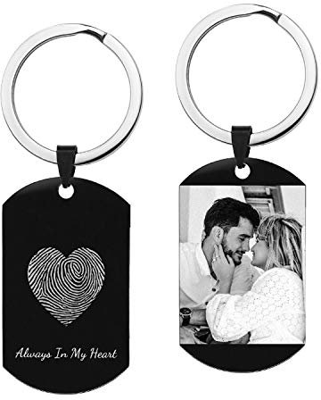 Personalisierbare Gravur, personalisierbar, Herz-Fingerabdruck, Daumendruck, Foto, Text, Hundemarke, Anhänger, Schlüsselanhänger, Geschenk für Sohn, Tochter, Vater, Mutter, Herren, Vatertag