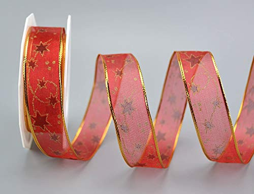 finemark 20 m x 25 mm Dekoband STARWAY ROT Gold Geschenkband Weihnachten Transparent Schleifenband Stoffband Sterne Glanzkanten mit Draht Chiffon Glanz Stars