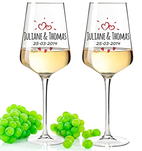 GRAVURZEILE Lot de 2 Verres à Vin Personnalisés Leonardo - Design Sunshine Love - Imprimé avec Nom et Date Personnalisable - Cadeau de Mariage, de Fiançailles et d'Anniversaire - Couleur Puccini UV