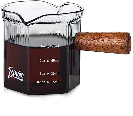 Bincoo Double Spouts Espresso Shot Glass,Espresso Measuring Cup with Wood Handle,Measuring Triple Pitcher Milk Cup for Barista Coffee Espresso Making (120ML Prismatic)